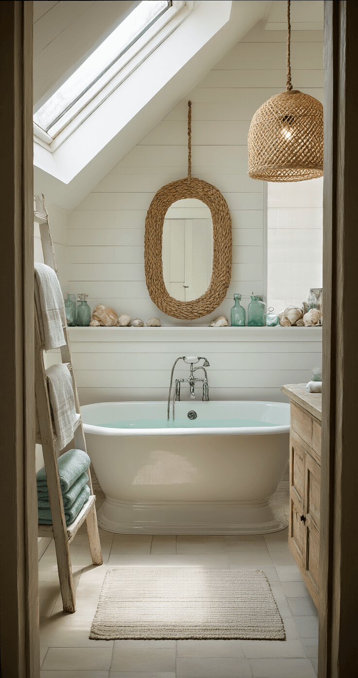 A serene 8x10ft bathroom featuring a vintage clawfoot tub illuminated by morning light through a skylight, with Turkish towels in sea-glass tones on a wooden ladder, a rope-wrapped mirror above a reclaimed boat wood vanity, and decorative shells and sea glass on the window sills.
