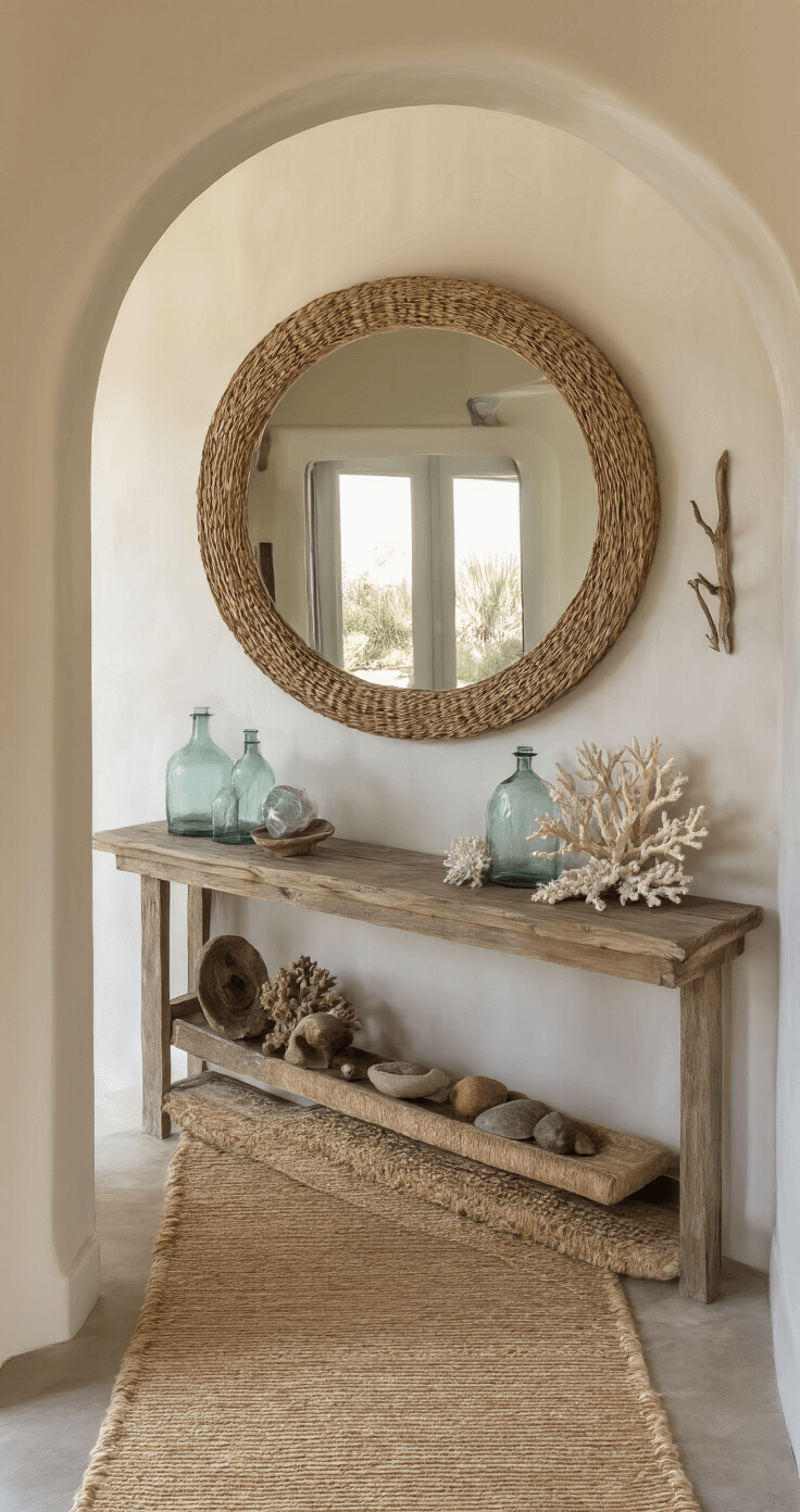 A welcoming entryway with a curved archway, textured ivory walls illuminated by late afternoon light, featuring a weathered teak console table displaying vintage glass floats and coral specimens, an oversized round rattan mirror, a sandy neutral handwoven runner, and mounted driftwood coat hooks, captured straight-on to emphasize depth.