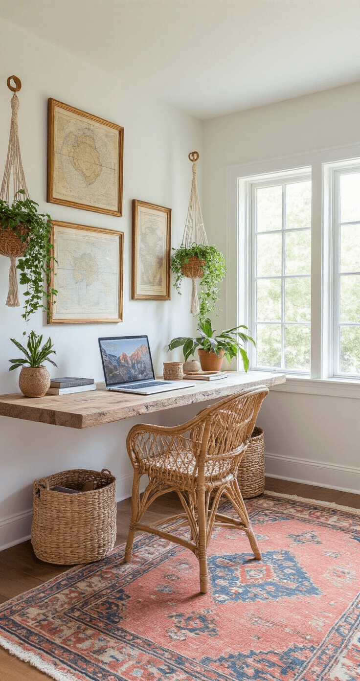 A bright and inviting 12x12ft home office, featuring white walls, a vintage kilim rug in muted corals and blues, a rattan peacock desk chair at a floating reclaimed wood desk, macramé plant hangers with trailing plants, and a gallery wall of vintage maps and botanical prints in brass frames, all illuminated by morning light.