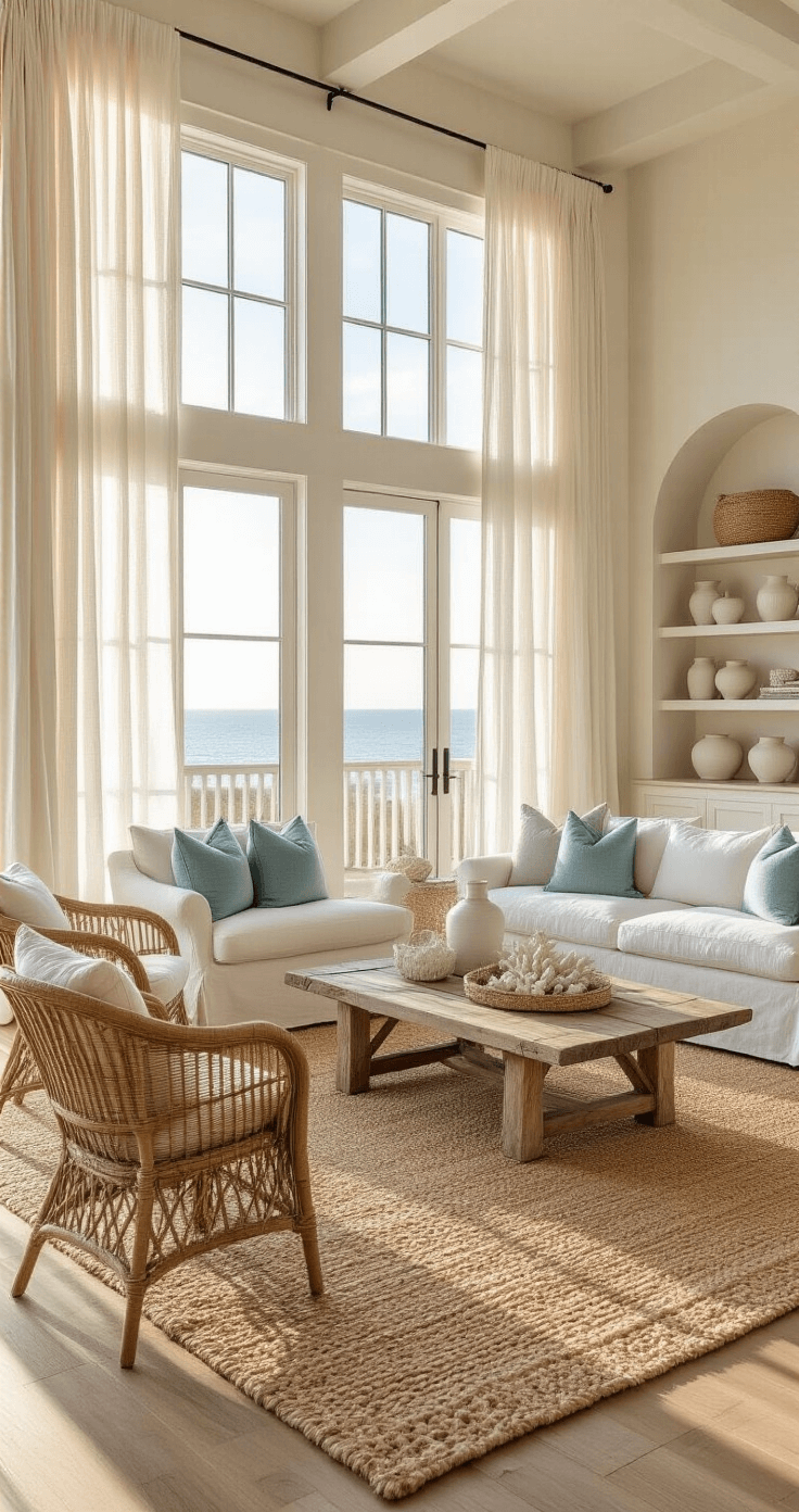 A sunlit coastal living room with towering windows, an ivory slipcovered sofa, rattan chairs, and a driftwood coffee table, adorned with vases and coral, captured at golden hour.