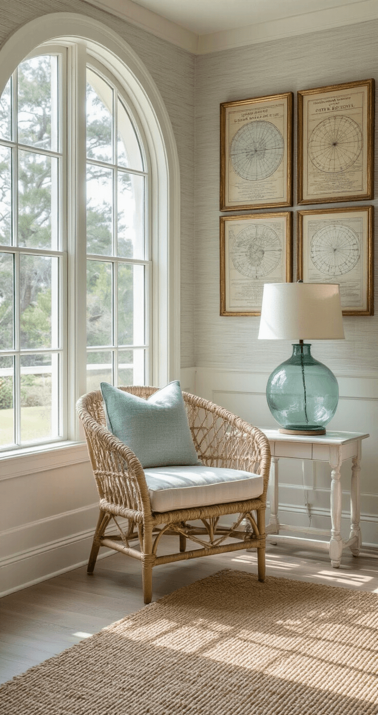 A cozy coastal living room corner with a reading nook by a 7ft arched window, featuring a chunky woven rope chair, a seafoam green glass lamp on a whitewashed side table, vintage maritime maps in gilt frames on the wall, and natural light illuminating a bleached oak floor with a sisal rug.