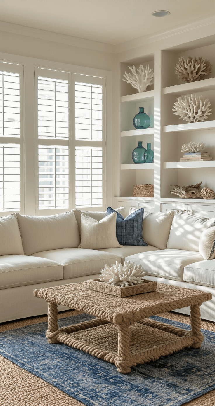 Late afternoon sunlight pours into a coastal family room with plantation shutters, highlighting a plush ivory sectional and a rope-wrapped coffee table. Layered neutral sisal and vintage indigo dhurrie rugs provide depth, while built-in shelves display white coral, weathered blue glass floats, and architectural driftwood. The camera captures the room from a corner angle, emphasizing diagonal depth and dramatic light patterns.