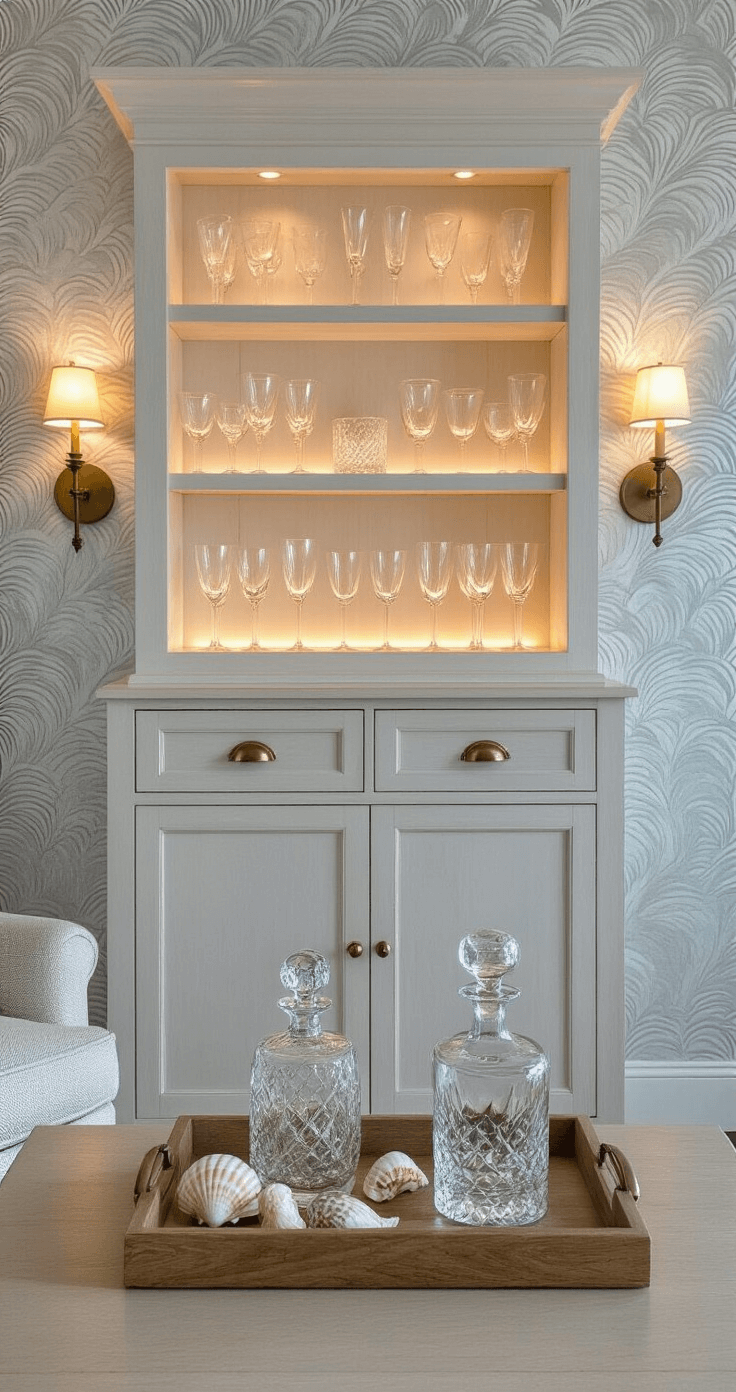 A sophisticated coastal living room bar area at twilight, featuring a whitewashed oak cabinet with brass hardware, illuminated floating shelves displaying glassware, hand-painted wallpaper in silver and pearl wave pattern, a tray with crystal decanters and shells on a bleached burl wood console, and warm ambient lighting from aged brass sconces.