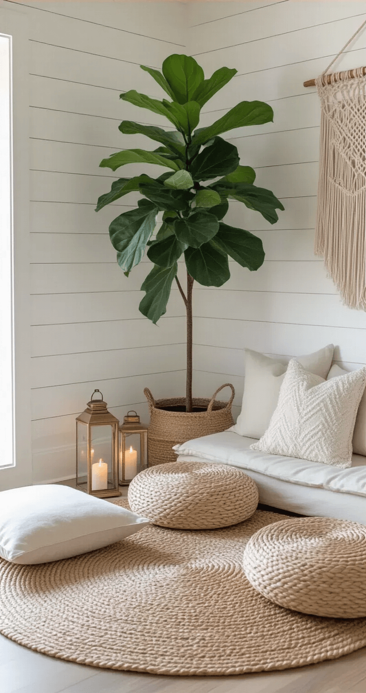 A serene coastal living room corner filled with dawn light, featuring floor cushions on a jute rug, a tall fiddle leaf fig, macramé wall hangings, brass lanterns with candles, and white shiplap walls, captured from a low angle to highlight the tranquil atmosphere.