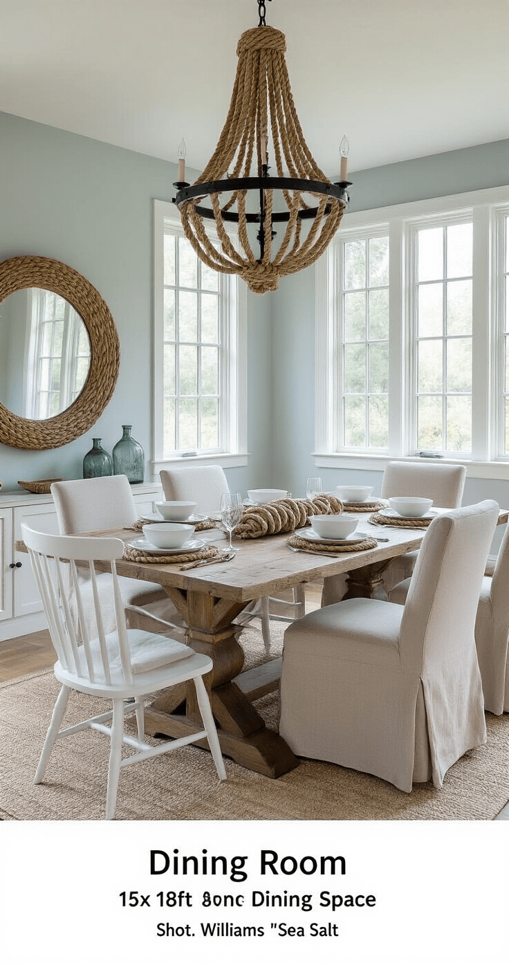 A cozy dining room featuring a reclaimed barnwood table with white windsor and upholstered linen chairs, illuminated by mid-morning light through mullioned windows. A rope-wrapped chandelier hangs above, and an oversized driftwood mirror reflects the soft glow against pale blue-gray walls. Styled with white ceramic table settings and twisted rope napkin rings, vintage glass floats adorn the built-ins.
