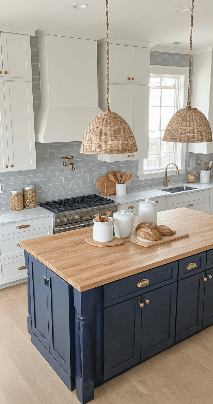 Overhead view of a bright open-concept kitchen featuring white shaker cabinets, aged brass hardware, and a soft gray subway tile backsplash, with honed marble countertops displaying vintage breadboards and white ceramic crocks; a navy island with a butcher block top and woven pendant lights creating warm ambiance.