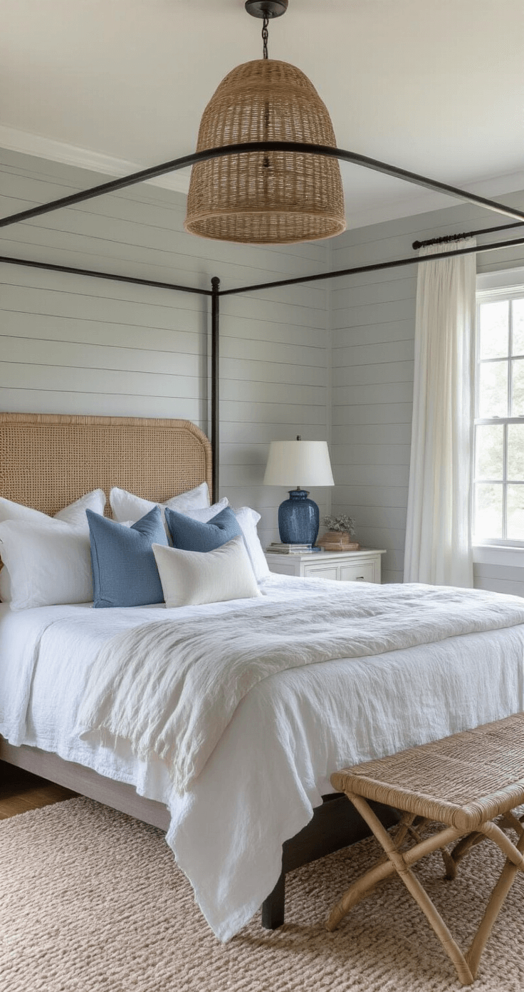 A serene master bedroom featuring an iron canopy bed with rumpled white linen against a soft gray shiplap wall, layered quilts, chambray pillows, rattan pendant casting shadows, seagrass headboard, whitewashed nightstands, and blue glass lamps, illuminated by morning light.