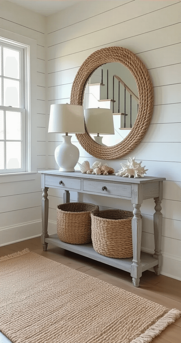 A welcoming 8x10ft foyer in late afternoon light featuring a vintage gray console table beneath a rope-wrapped mirror, accompanied by a white ceramic lamp, seashells, and coral specimens. A natural fiber runner leads to a shiplap stairway, while a collection of woven baskets adds texture to the space.