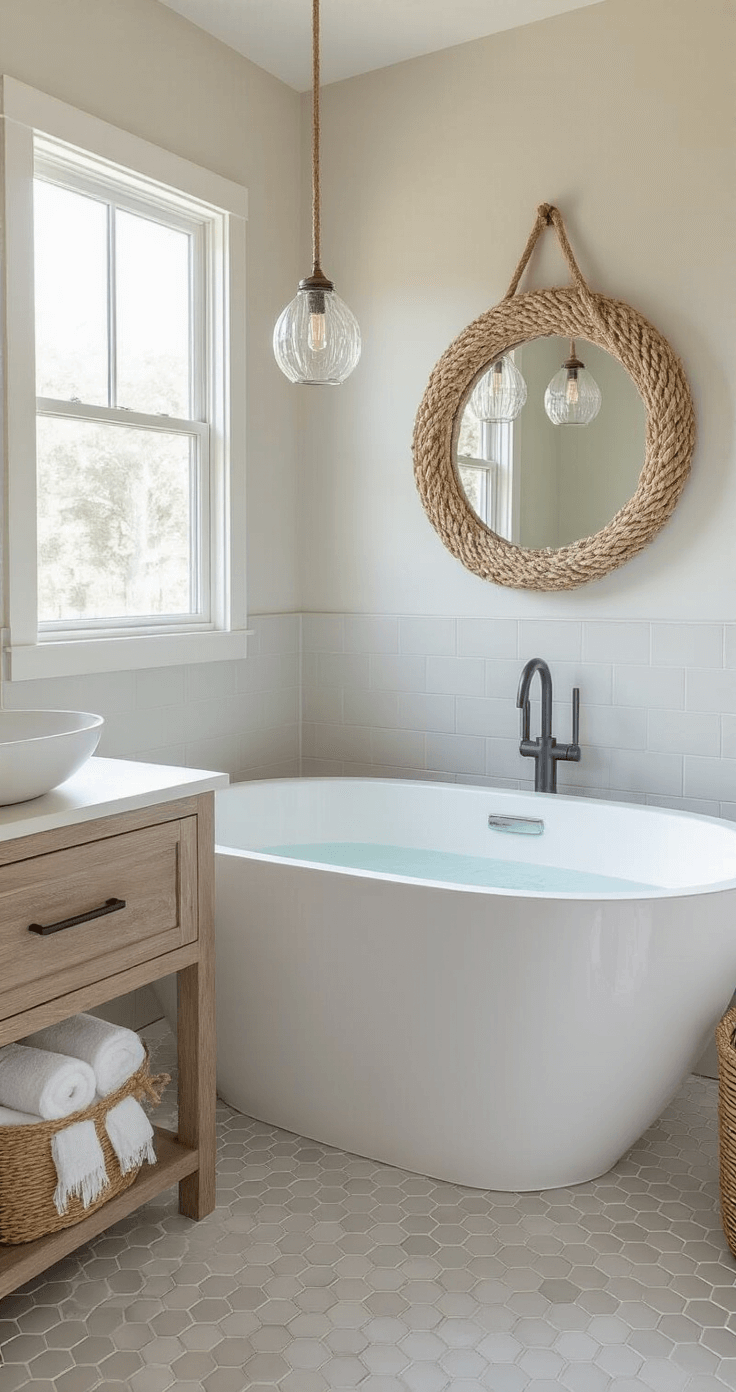 A spa-like bathroom featuring a freestanding white soaking tub on a pale gray hex tile floor, complemented by a weathered oak floating vanity with a vessel sink, a rope-wrapped mirror, and glass pendant lights, all illuminated by soft morning light. White Turkish towels are neatly rolled in a seagrass basket.