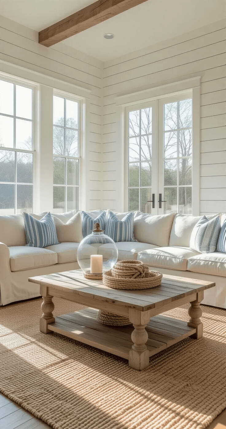 Sun-drenched living room with white shiplap walls, featuring a plush oatmeal sofa, striped pillows, driftwood coffee table, and layered jute rugs, illuminated by morning light through large windows.