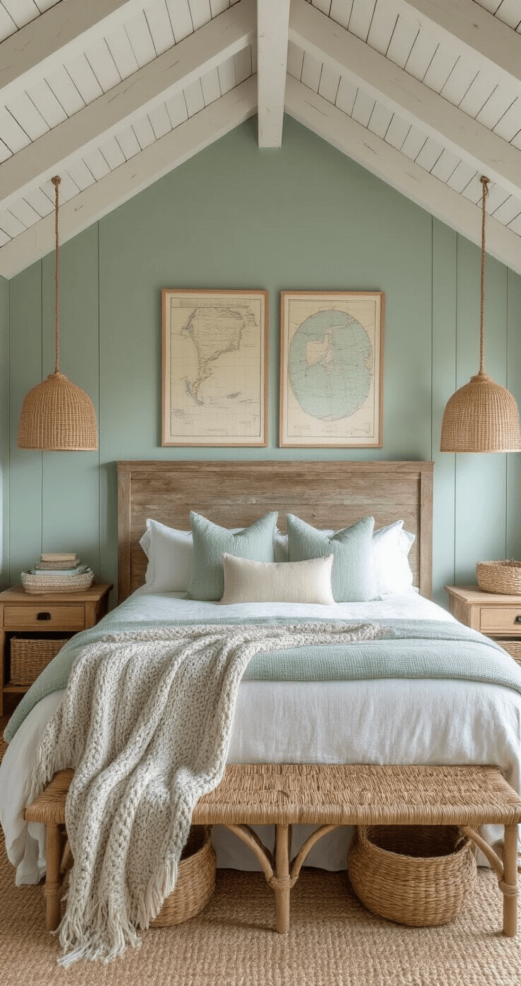 A cozy coastal bedroom featuring whitewashed wooden beams, seafoam green walls, and a weathered barnwood headboard, with a pale gray chunky knit throw on the linen bed. Rattan pendant lights cast warm patterns, while woven baskets and seagrass furniture add texture, all photographed at golden hour with soft backlighting.