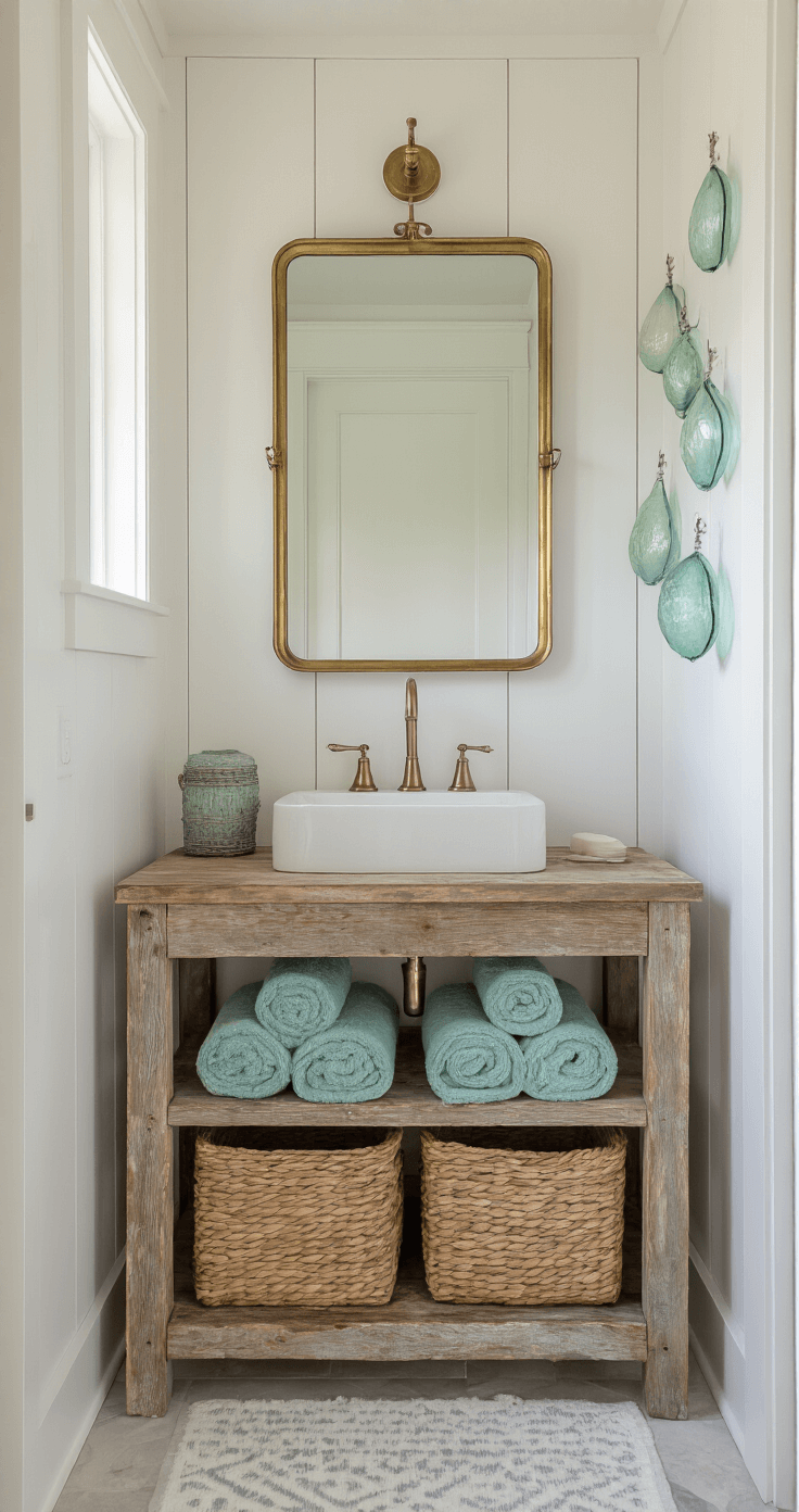 A tranquil powder room featuring white board and batten walls, a reclaimed boat wood floating vanity, a weathered brass mirror, and handwoven basket storage with Turkish towels in sea glass colors, illuminated by soft side lighting.