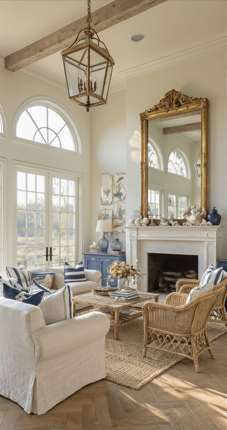 A sunlit living room with high ceilings, featuring a cream slipcovered sofa, rattan armchairs, and a jute rug, accented by navy striped pillows and vintage brass lanterns, all reflecting warm golden hour light.