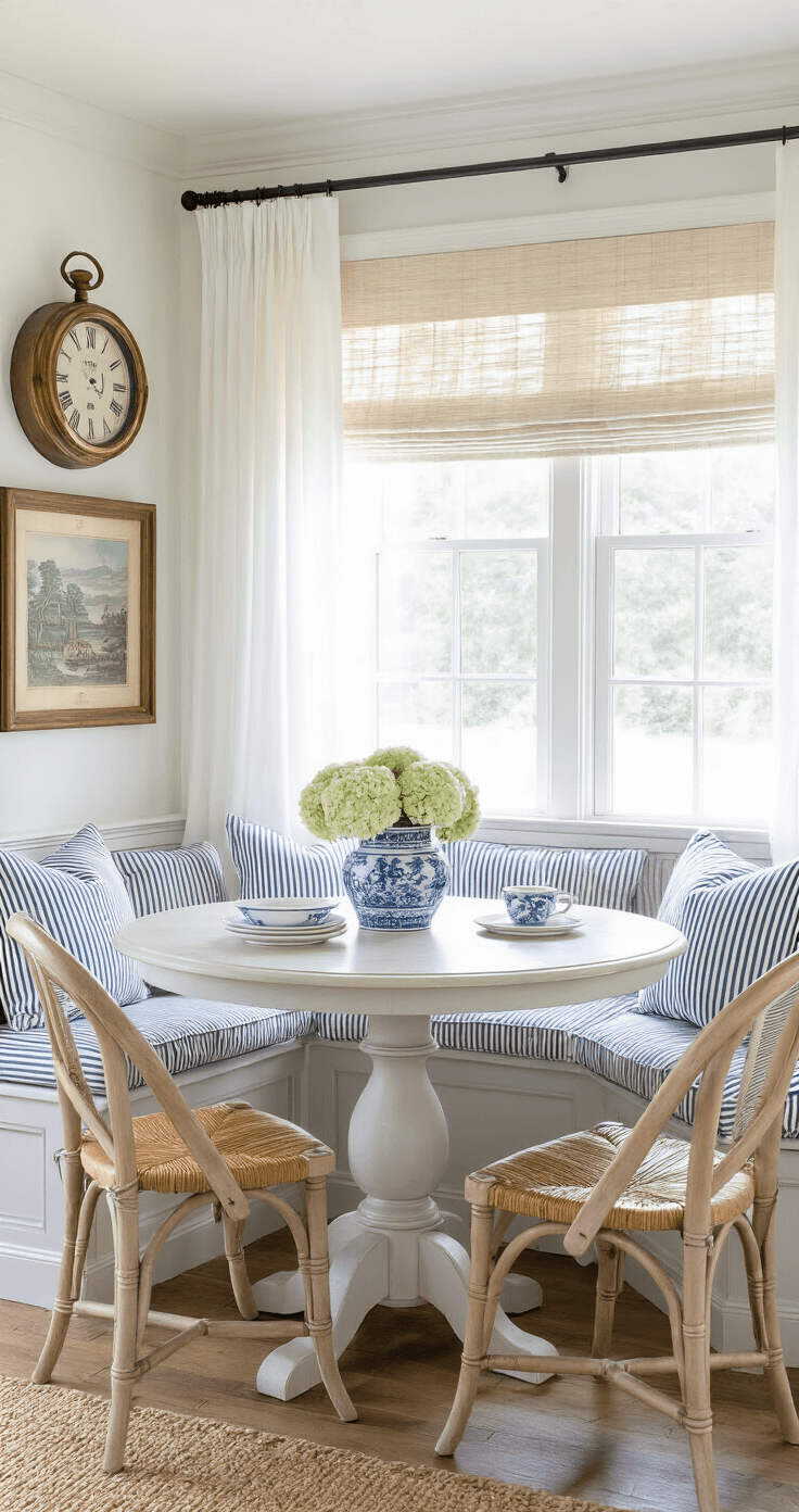 Intimate breakfast nook featuring a driftwood banquette with striped cushions, a whitewashed pedestal table adorned with a ginger jar of hydrangeas, vintage cafe chairs, and a gallery wall of coastal prints, all illuminated by morning light through sheer curtains.