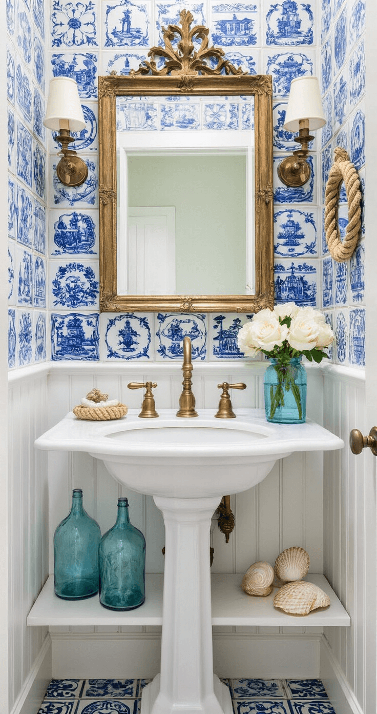 A powder room featuring a vintage blue and white delft tile statement wall, centered pedestal sink with brass fixtures under an aged brass mirror with rope detail, white beadboard wainscoting, ambient lighting from a glass hurricane lantern, styled marble shelf with blue glass bottles and fresh white roses, and a shell-encrusted mirror, shot at an angle to emphasize the narrow space.