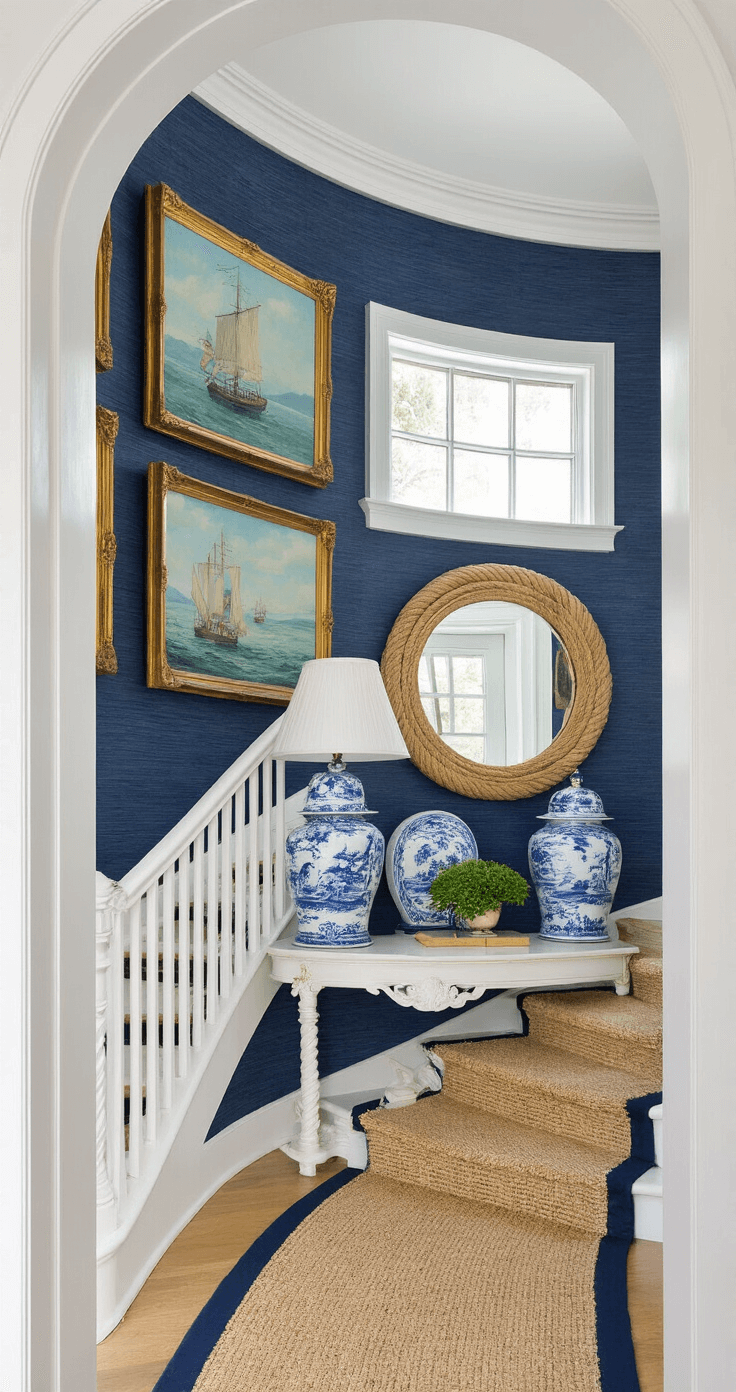 Entry foyer featuring a dramatic curved staircase with a sisal runner and navy binding, adorned with a whitewashed console topped with blue and white chinoiserie lamps. An oversized round rope mirror reflects natural light from a transom window, while navy grasscloth wallpaper adds texture. Vintage seascape oil paintings create a gallery wall up the staircase, captured from an elevated perspective.