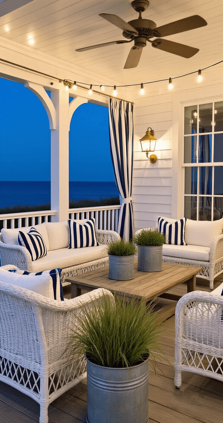 Twilight scene of a covered porch featuring white-painted rattan seating with navy and white striped cushions around a weathered teak coffee table, illuminated by string lights. Coastal grasses fill vintage zinc planters, and brass marine-style sconces cast soft uplighting against a whitewashed ceiling with slow-moving fans. Blue and white striped outdoor curtains frame a view of the ocean.