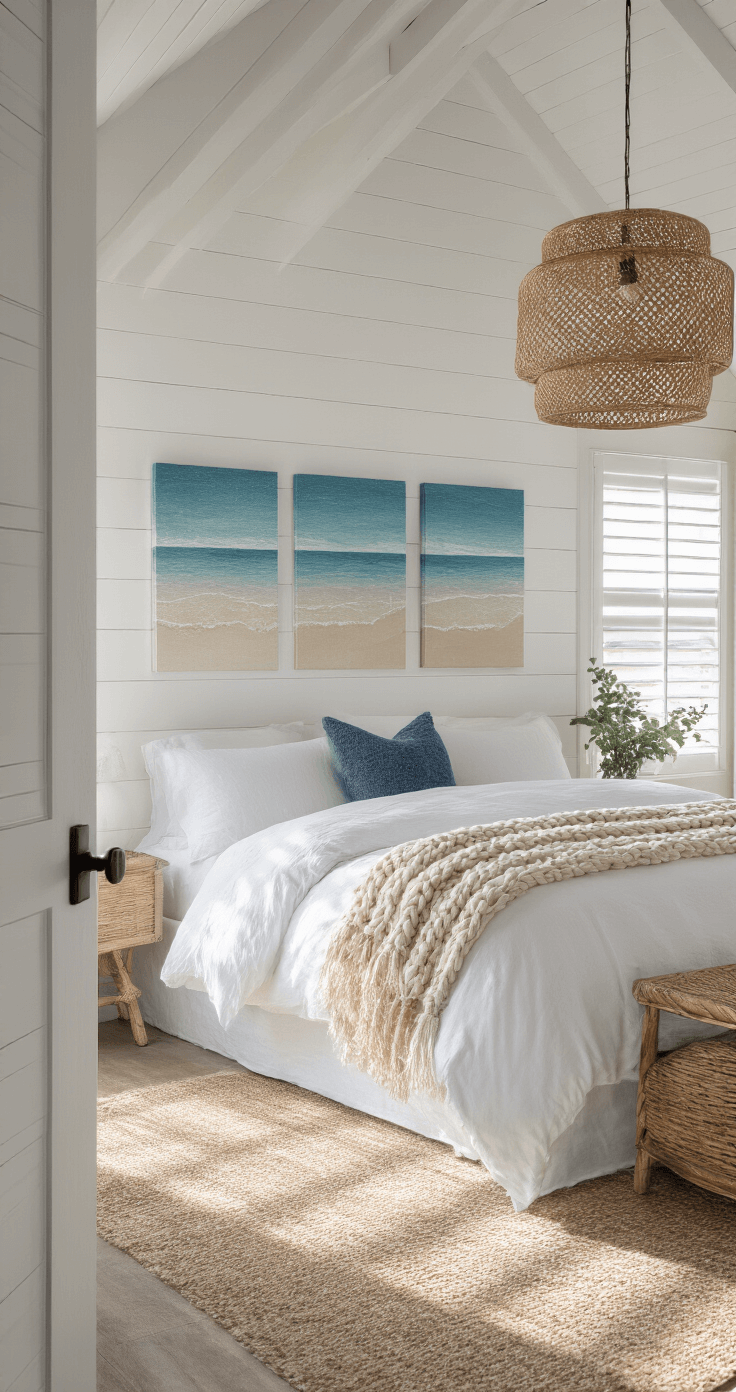 Modern coastal bedroom at dawn featuring a king bed with white linens and a chunky knit throw, a white shiplap accent wall, and a three-piece abstract seascape gallery wall in navy, aqua, and sandy beige tones, all illuminated by morning light filtering through plantation shutters.