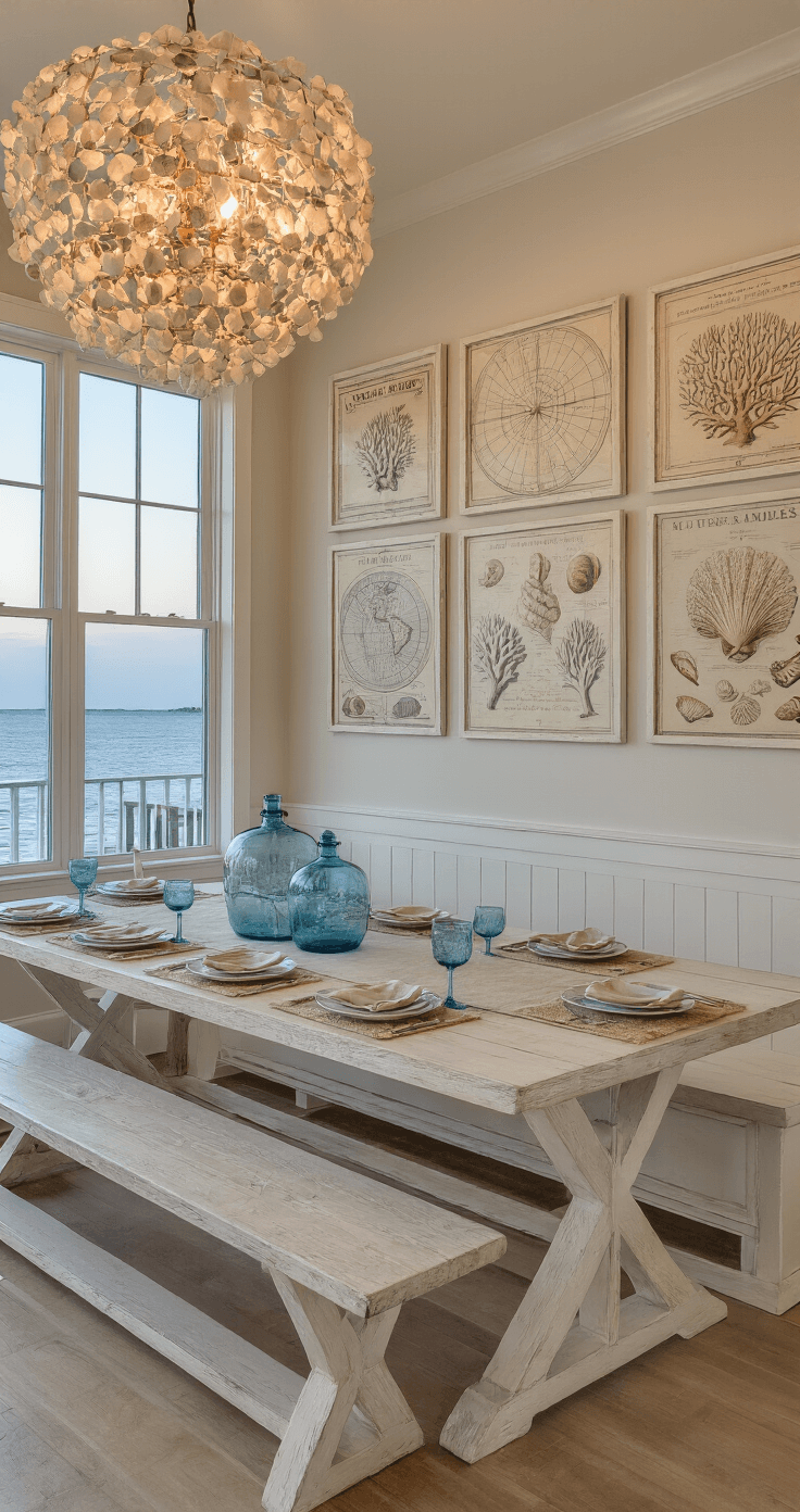 A coastal dining space at dusk featuring a picture window, a gallery wall with vintage maritime maps and shell illustrations in white frames, a whitewashed trestle table with a natural linen runner, blue glass vessels, and a glowing capiz shell chandelier.