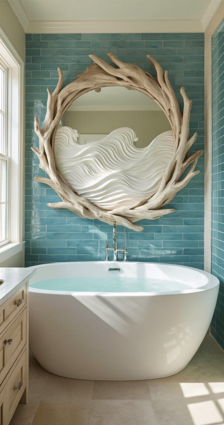 A serene master bathroom featuring a freestanding soaking tub, a massive circular mirror framed in bleached driftwood above a double vanity, and a three-dimensional white ceramic wave sculpture on a spa-blue tile wall, with chrome fixtures reflecting morning light, captured from a corner angle to highlight organic shapes and textures.
