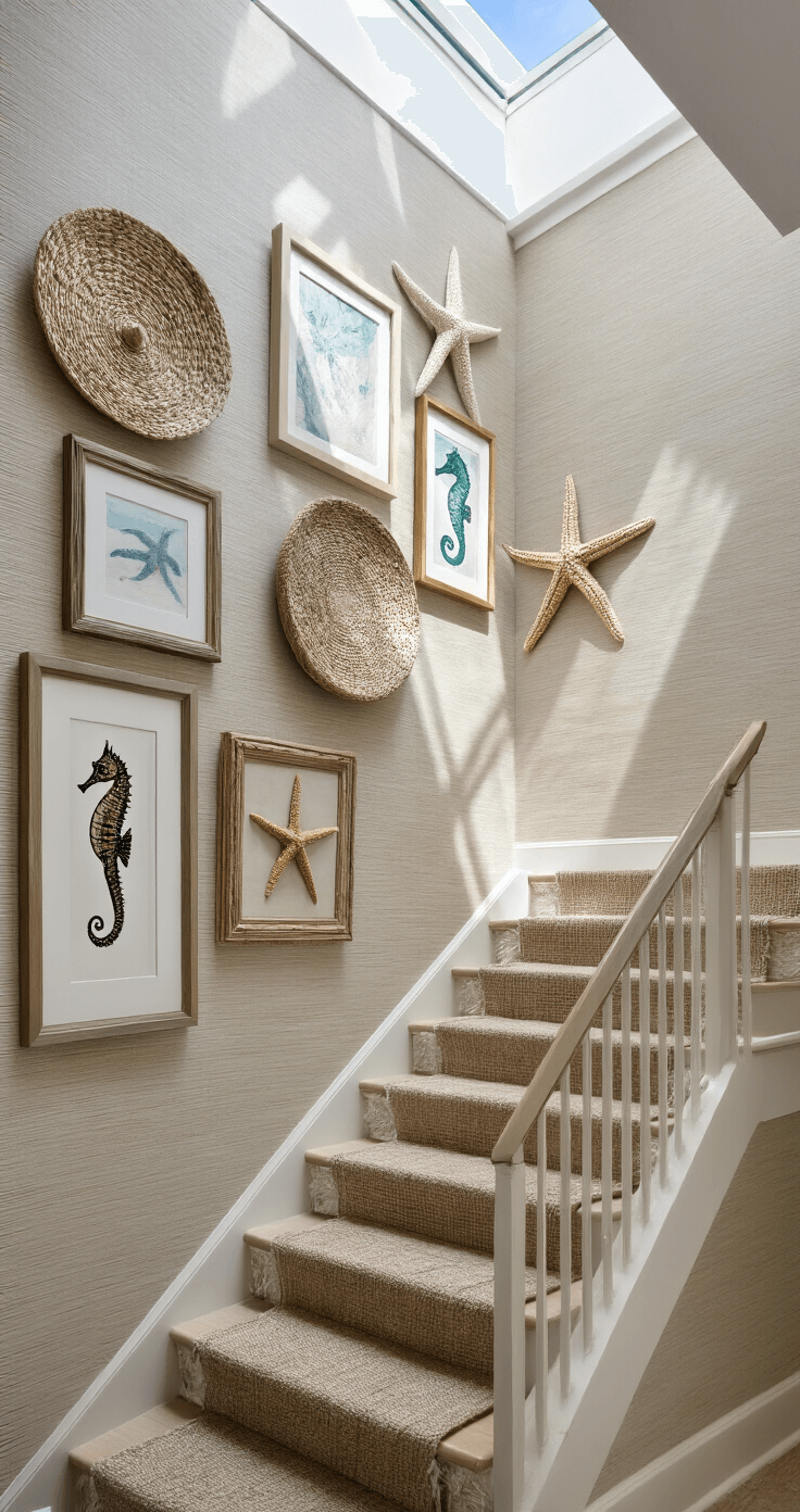 Light-filled stairwell with a vertical arrangement of mixed media coastal art, including framed seahorse prints, mounted starfish, and woven fiber art, all set against neutral grasscloth wallpaper with metallic threads, featuring natural light from a skylight creating dramatic shadows.