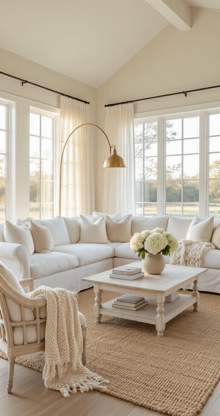 A sunlit living room with high ceilings, featuring a white slipcovered sectional, ivory pillows, a chunky knit throw, a natural seagrass rug, and vintage brass floor lamp, captured at golden hour through wall-to-wall windows with gauzy white curtains.