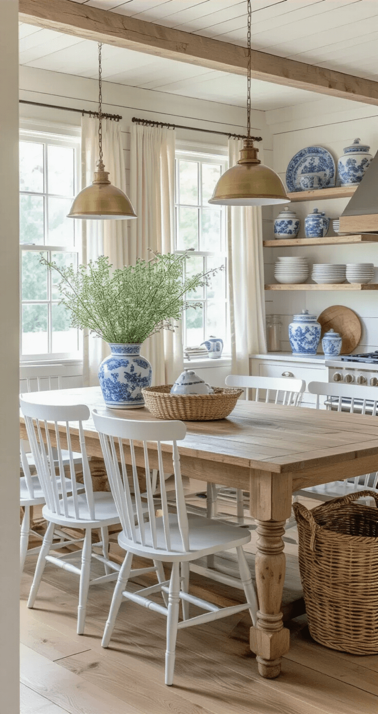 A spacious farmhouse kitchen featuring a vintage oak dining table surrounded by chalk white Windsor-style chairs, illuminated by morning light filtering through café curtains. Aged brass pendant lights hang above, and open shelving displays blue-and-white ceramics and glass canisters, with woven market baskets against the island base. The image is taken from the entrance doorway, highlighting the shiplap ceiling and leading lines.