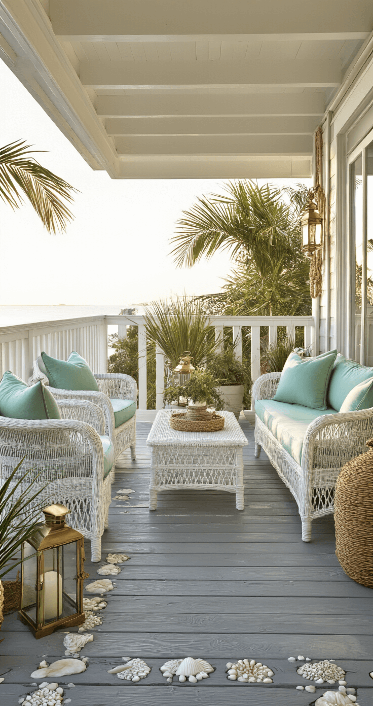 Intimate coastal balcony at sunrise featuring a distressed white wicker conversation set with seafoam green cushions, vintage brass lanterns, and rope-wrapped hurricanes, surrounded by weathered gray decking with shell and pebble inlays, potted palms, and coastal grasses, illuminated by natural morning light highlighting dew drops on the foliage.
