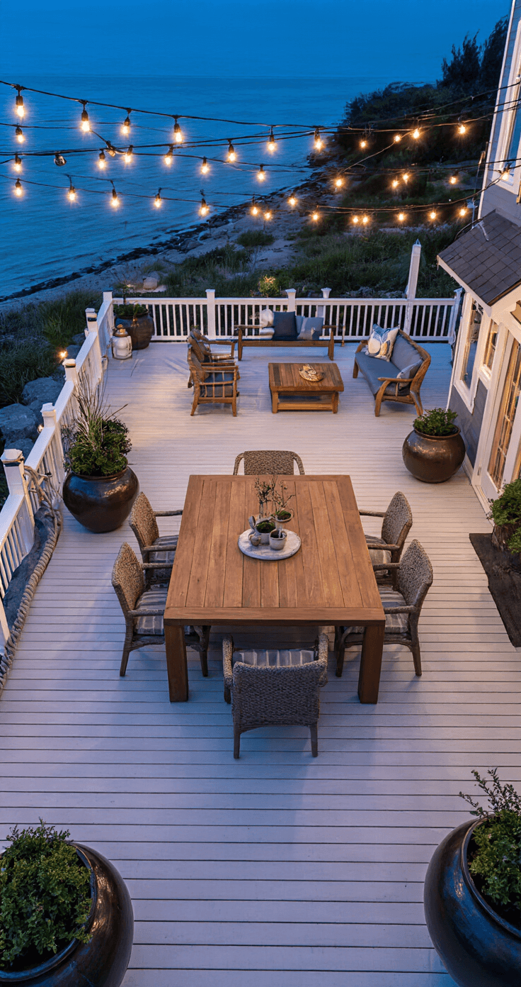 Aerial view of a spacious coastal deck at twilight, featuring distinct seating areas around a large teak dining table, with nautical rope railings and oversized ceramic planters filled with coastal plants. Bistro lights criss-cross overhead, illuminating the space with a magical ambiance as day turns to night, highlighted by navy, whitewashed wood, and copper accents.