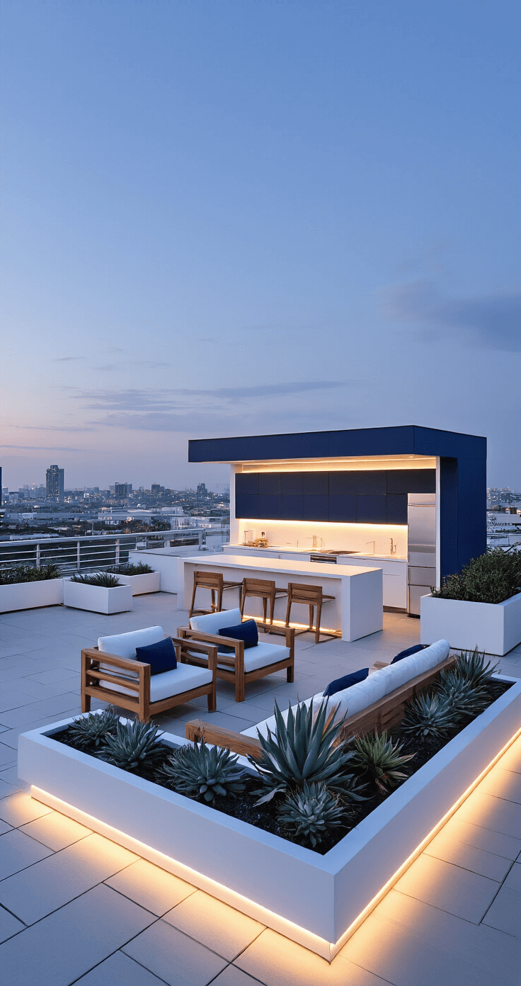 A high-angle view of a modern 300 sq ft coastal rooftop at dusk, showcasing a sleek white outdoor kitchen with navy accents, surrounded by glass windbreaks. The lounge area features minimalist teak furniture, illuminated by LED strips, with contemporary planters filled with architectural succulents. City lights blend with the fading daylight, highlighting the color palette of crisp white, deep navy, teak, and silver accents.
