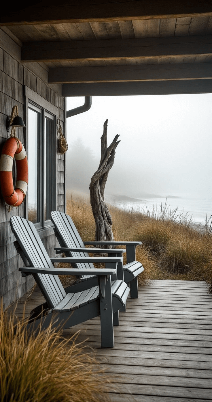 Ground-level view of a rustic beach cabin deck in morning fog, featuring weathered gray Adirondack chairs surrounded by wild coastal grasses, vintage fishing buoys, and worn rope details, with a driftwood sculpture as a focal point and soft, diffused lighting creating a misty atmosphere.