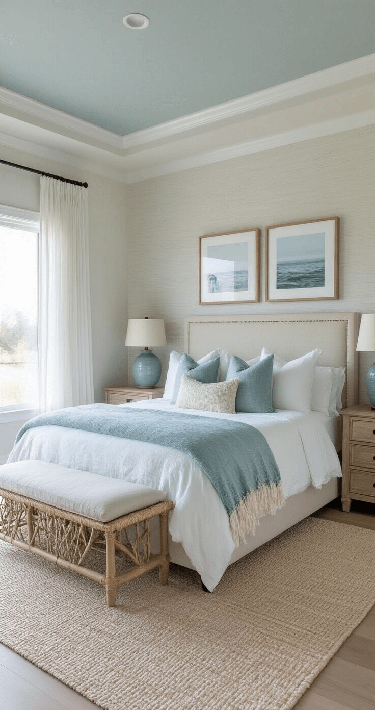 A serene master bedroom at dawn, featuring a king bed with cloud-white linen and coastal blue throws, framed by weathered oak nightstands and sea foam green lamps. Sheer white curtains gently filter morning light onto a seagrass wallcovering, while a rattan bench with an ivory cushion sits at the foot of the bed. Minimal black and white ocean photography hangs above the headboard, all captured with soft, ethereal backlighting.