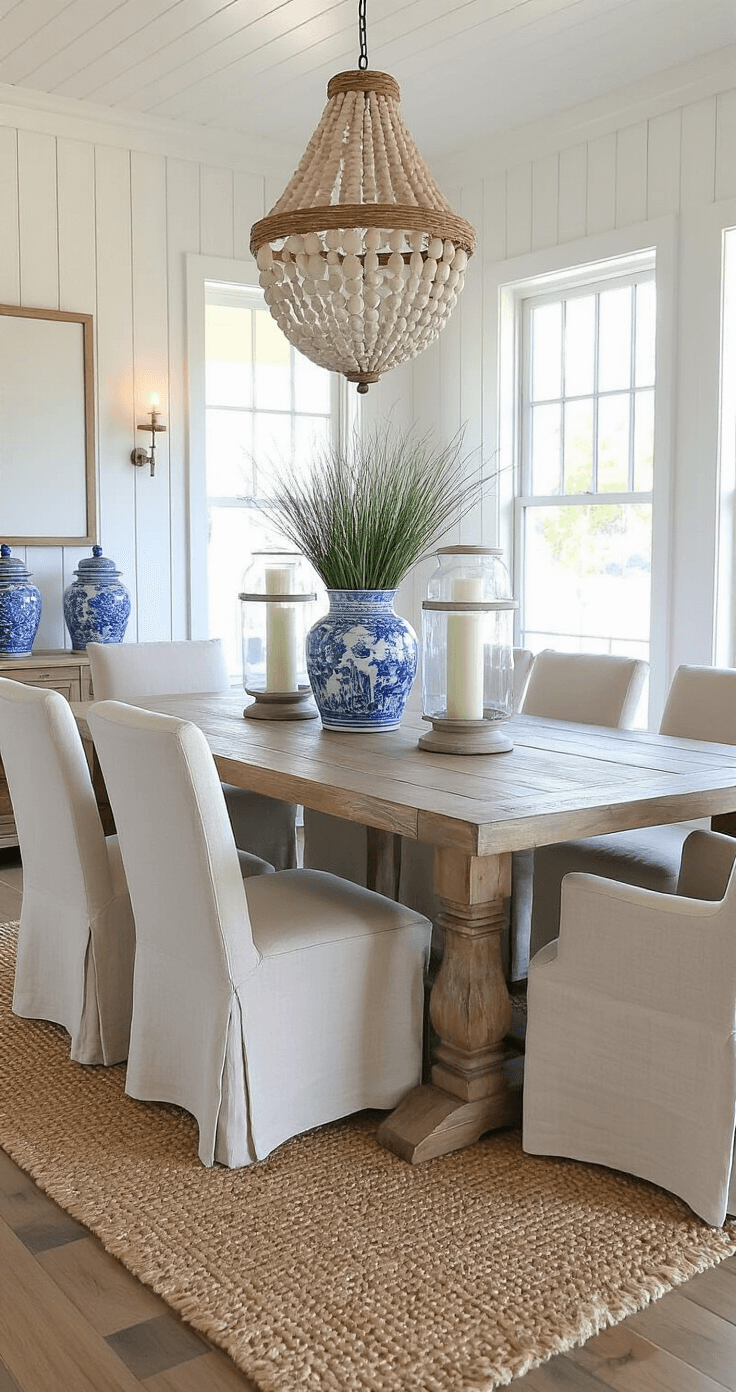 A coastal dining space with white board and batten walls, featuring a distressed teak table for eight and natural linen slipcovered chairs, illuminated by side lighting. Oversized lanterns with candles and vintage blue-and-white ginger jars with coastal grasses add charm, while a Capiz shell chandelier casts shimmering patterns over a sisal rug.