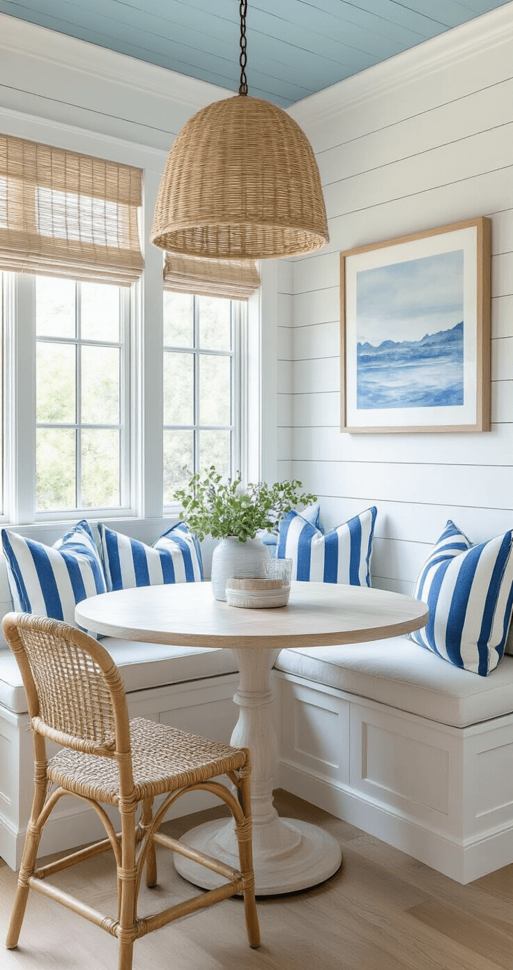Cozy breakfast nook with built-in banquette in white fabric, round whitewashed oak table, rattan chairs, and blue-striped throw pillows, illuminated by a woven pendant light, featuring white shiplap walls and a pale blue ceiling, with a coastal landscape watercolor artwork and natural woven roman shades.