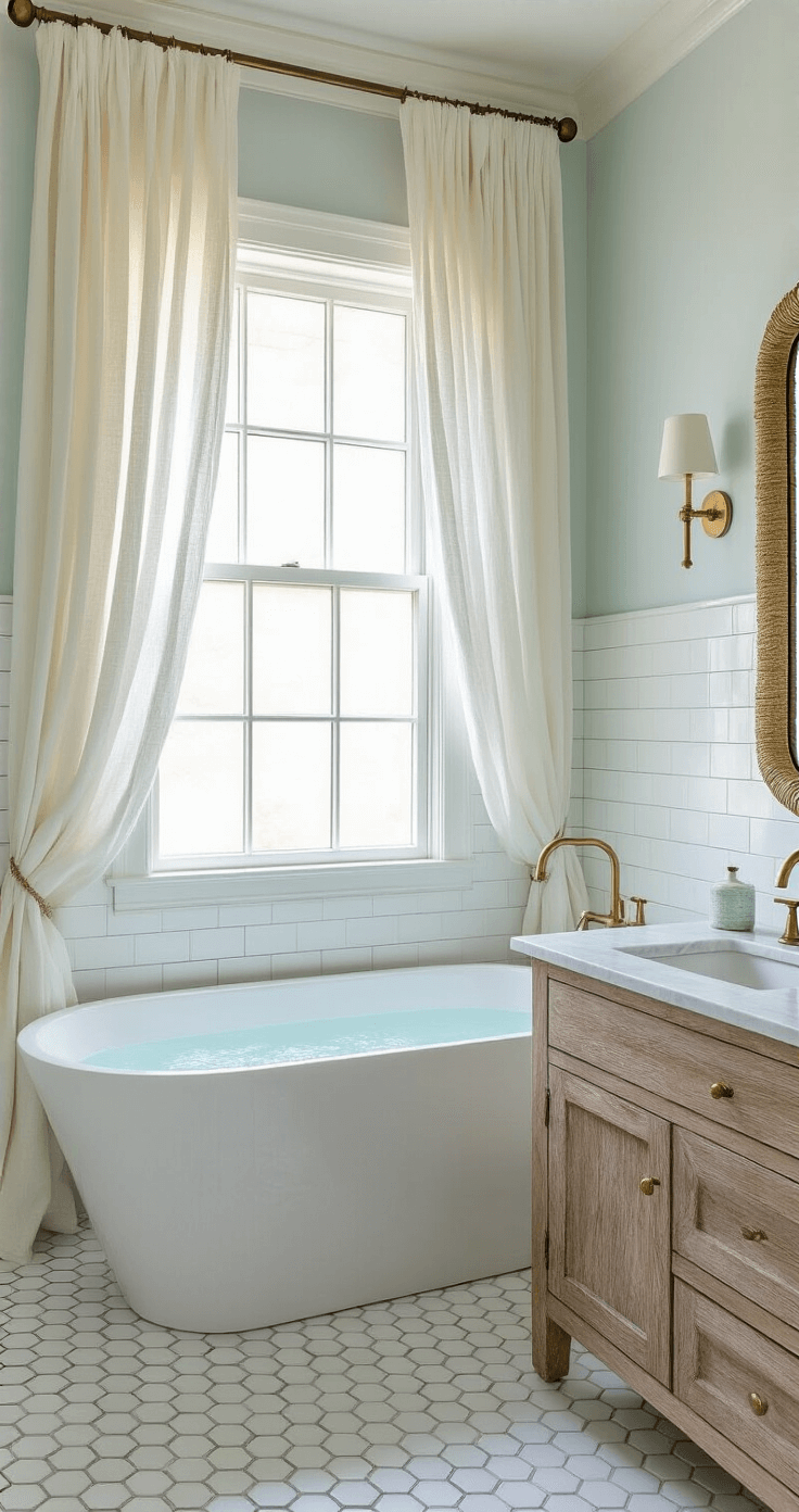 A serene bathroom retreat featuring a freestanding white soaking tub, weathered wood vanity, and marble hexagon floor tiles, all beautifully adorned with soft natural light and sea glass-colored accessories.