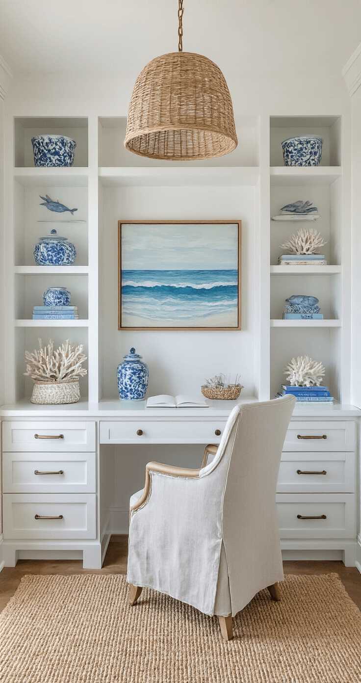 A coastal home office corner featuring a whitewashed desk and upholstered linen chair, built-in white shelving adorned with blue and white ceramics, coral specimens, and coastal books, illuminated by afternoon light with a rattan pendant light overhead, layered jute and seagrass rugs, and abstract ocean artwork on the walls.