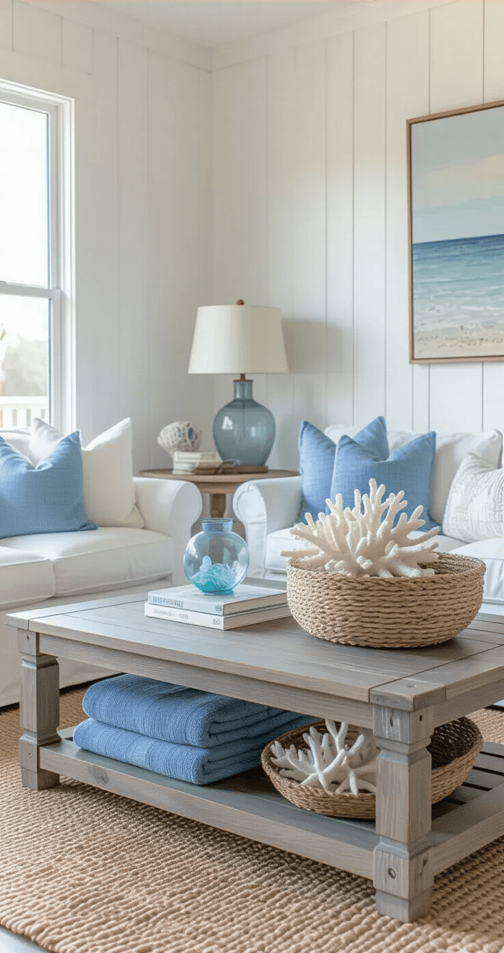 A cozy coastal den with soft white board and batten walls, featuring a distressed gray coffee table centered in the space, adorned with a woven basket of blue throws, white coral arrangements, and a vintage sea blue glass float. Capiz shell wind chimes catch light from a nearby table lamp, while natural side lighting enhances the textures of the warm gray and ocean blue palette, viewed from a corner angle for added depth.