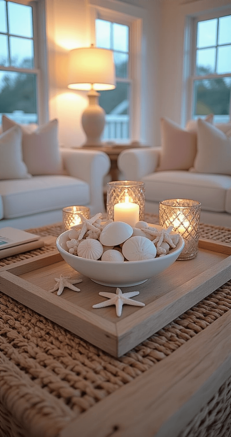 Intimate beach cottage sitting room at dusk with a low-profile rectangular coffee table in bleached oak, featuring a white ceramic bowl filled with pale pink sand dollars and natural starfish, flanked by mercury glass candle holders with rope details, set on woven seagrass chargers, all softly illuminated by lamp light in warm white and blush pink tones.