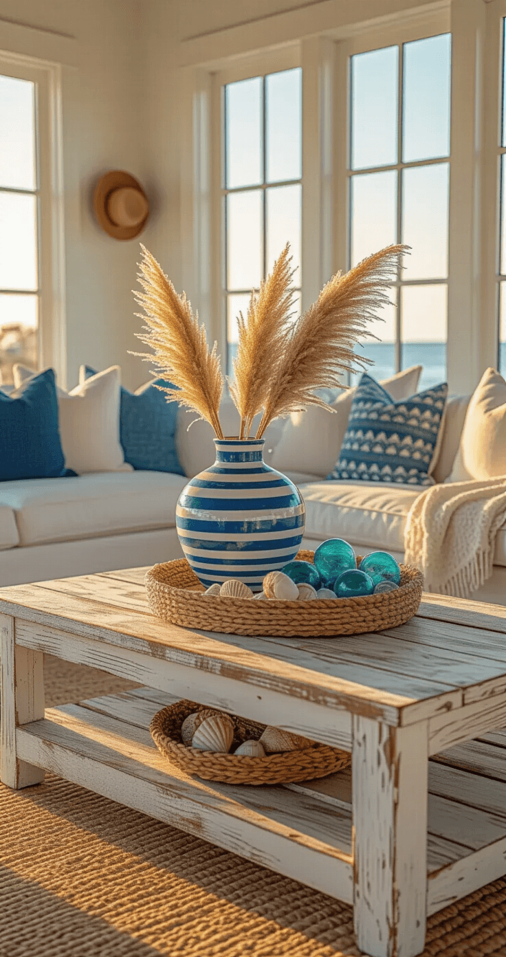 Cozy beach house den at sunset with reclaimed wood coffee table, blue and white striped vase of pampas grass, vintage glass fishing floats, and a woven tray of shells, captured from a seated perspective with warm lighting and long shadows.