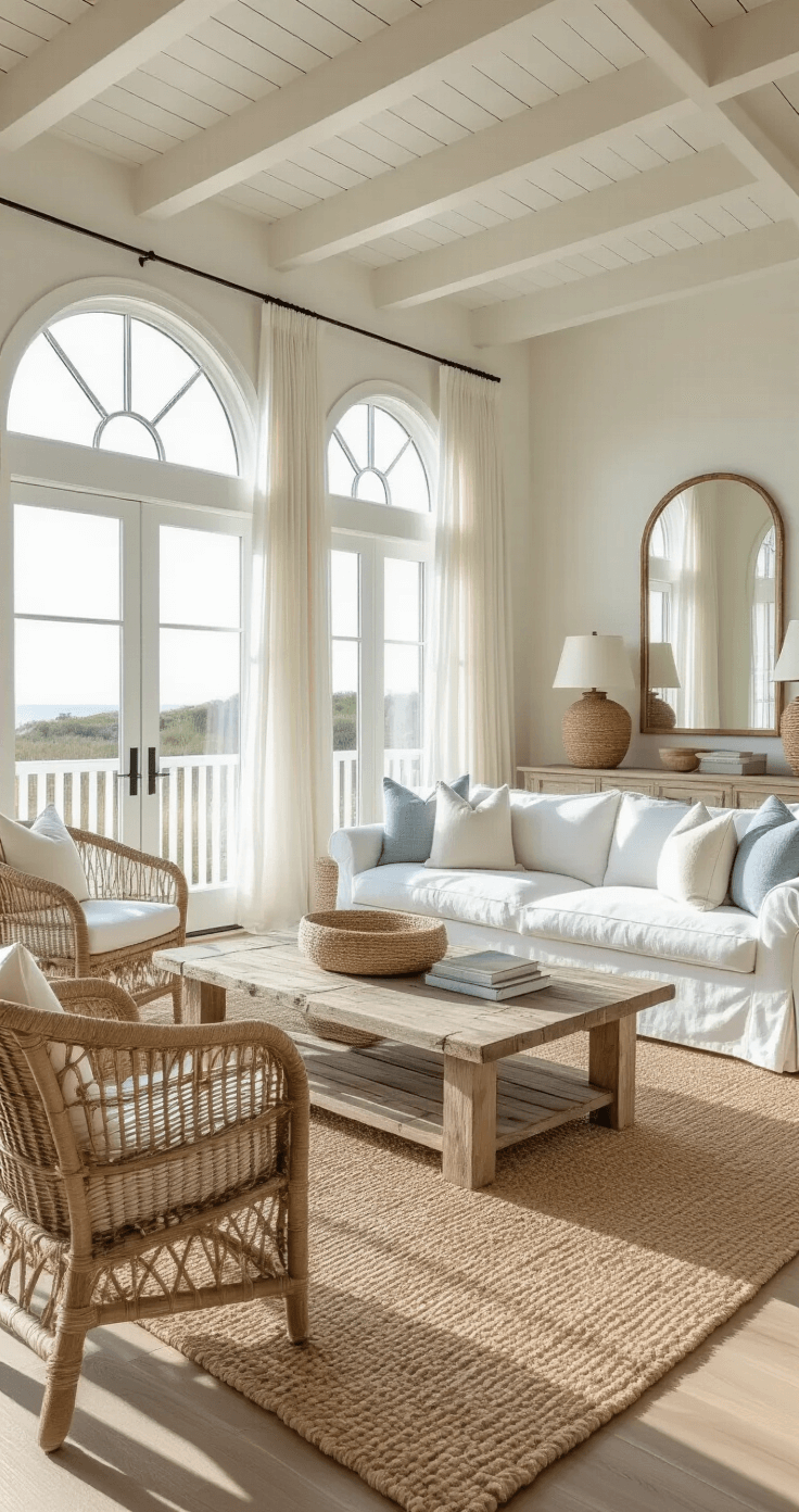 A sunlit coastal living room featuring a white slipcover sofa, driftwood coffee table, and rattan chairs, with warm golden hour light filtering through wide bay windows, enhanced by layered textures and a soft color palette.