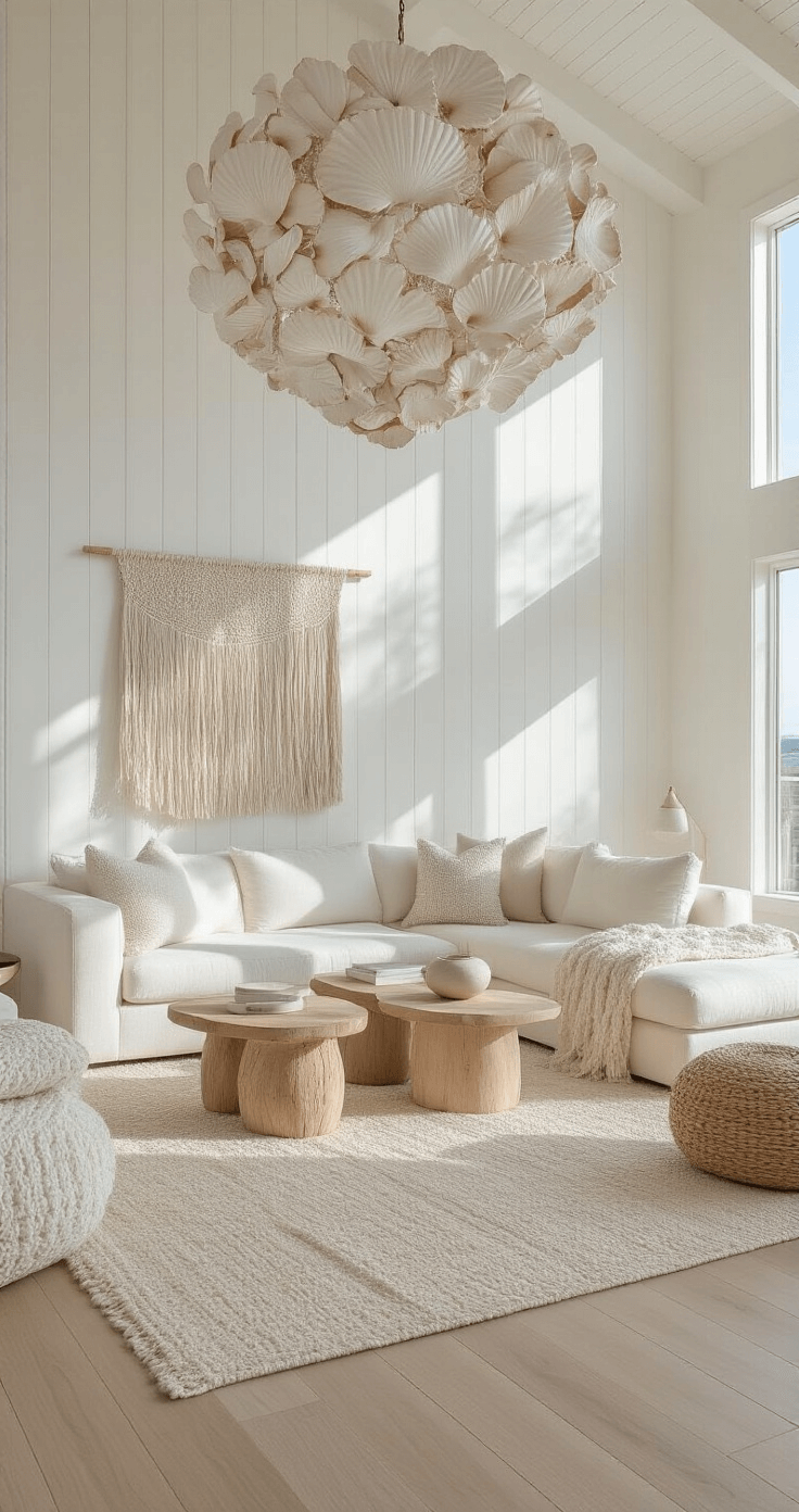 A modern coastal sanctuary featuring an open-concept design with white-planked walls and light oak flooring, accented by a cream bouclé sectional and bleached teak side tables. A dramatic shell-inspired chandelier casts organic shadows, complemented by handwoven decor and textured throws in a soothing color palette of ivory, dune beige, pale aqua, and silvered gray. The image is captured from an elevated angle, showcasing soft morning light.