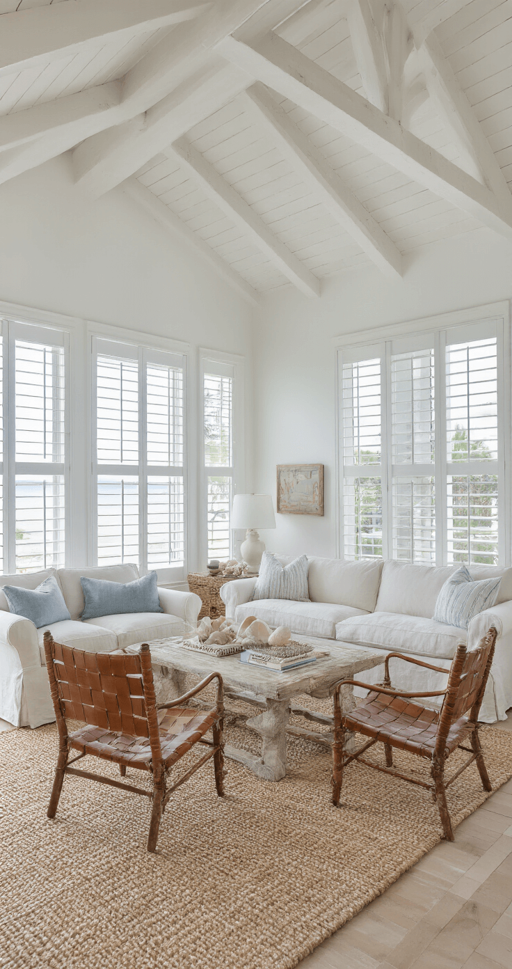 A bright coastal family room with a cathedral ceiling and exposed whitewashed trusses, featuring a slipcovered sofa and woven leather chairs, surrounded by natural light streaming through plantation shutters. Decorative elements include collected shells on a distressed console, layered rugs, and a soothing color palette of chalk white, pale blue, and seafoam.