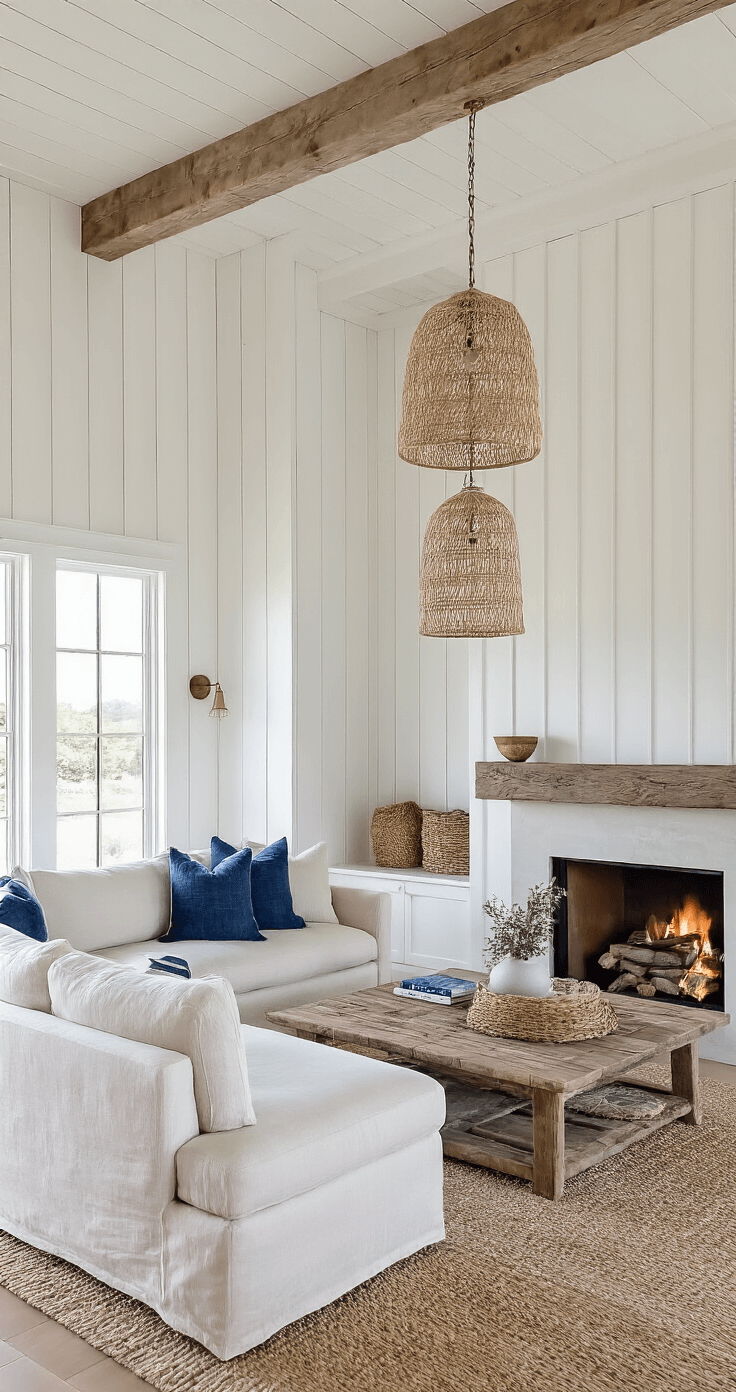 A cozy coastal den featuring board and batten white walls, an oversized linen sectional facing a stone fireplace with a driftwood mantel, accented by vintage indigo textiles, woven pendant lights, and a warm color palette of white, indigo, and driftwood gray, all illuminated by the golden hour glow.