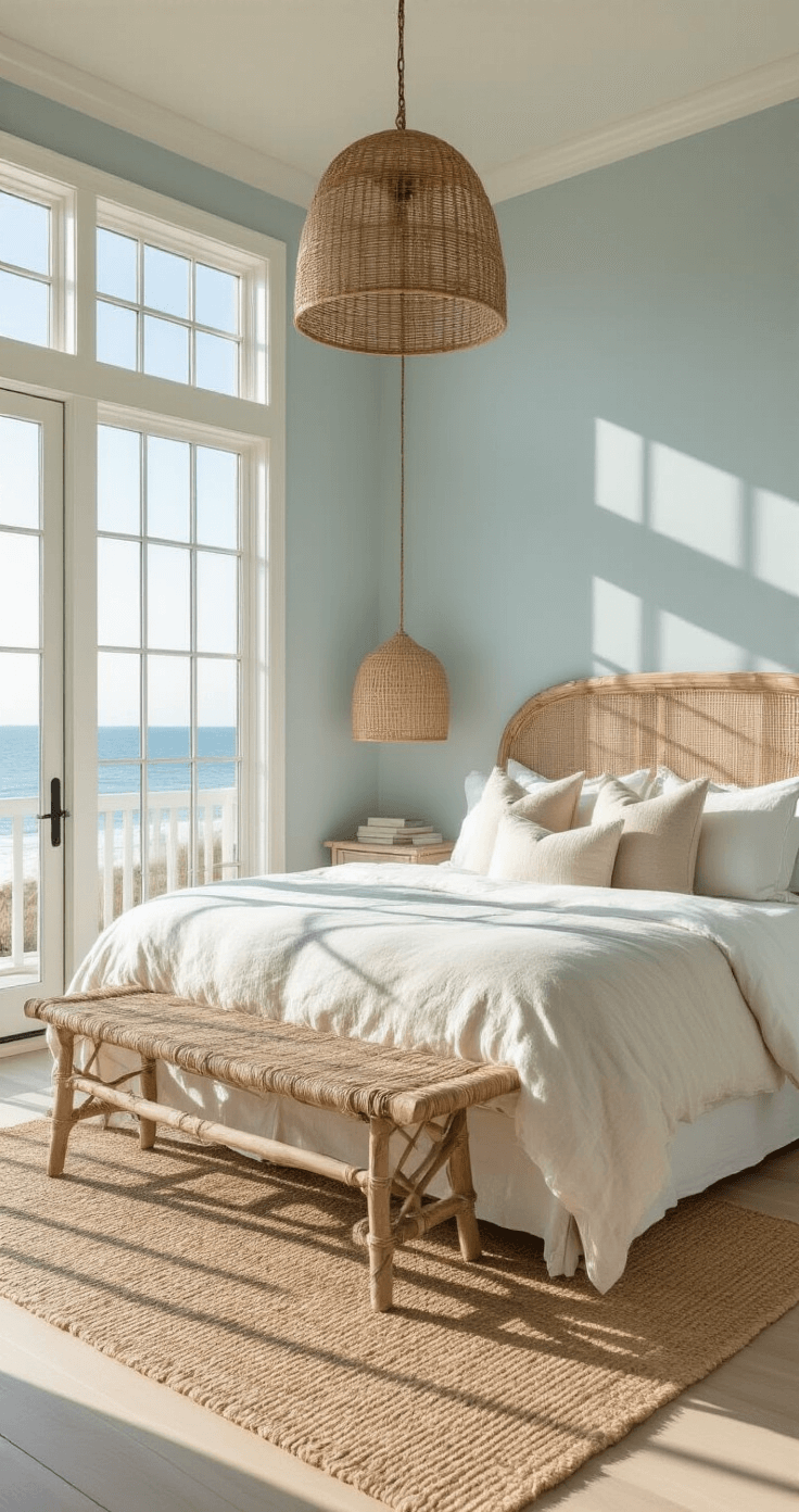 A sunlit coastal bedroom featuring whitewashed oak floors and pale blue walls, with a king-sized bed dressed in rumpled linen bedding. The room is illuminated by natural light streaming through floor-to-ceiling windows, showcasing a rattan pendant light and a jute rug under a seagrass bench, all captured from an elevated angle.