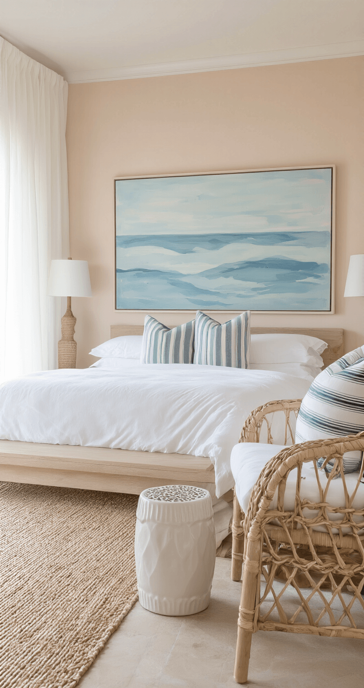 A cozy coastal retreat with intimate morning light filtering through sheer white curtains, showcasing a bleached oak platform bed adorned with a cloud-white duvet and coastal stripe pillows, soft blush plaster walls, and an oversized abstract seascape, complemented by woven water hyacinth chairs and white ceramic side tables.