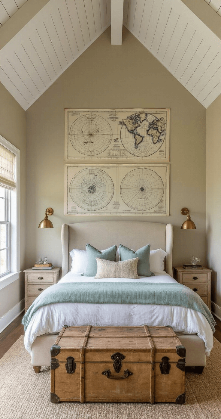 A cozy primary bedroom at dusk with cathedral ceilings and exposed white beams. Warm greige walls display vintage sailing maps. A natural linen upholstered wingback bed is layered with sea glass-toned throws, surrounded by ambient light from brass sconces. A weathered trunk serves as a bench, captured from a corner angle with a wide-angle lens.