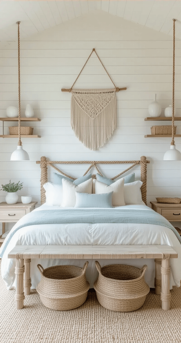 Bright coastal suite featuring a queen bed with a shiplap accent wall, layered bedding in sandy neutrals and pale aqua, seagrass baskets and white vessels on floating shelves, and a macramé wall hanging, captured in a symmetrical composition.