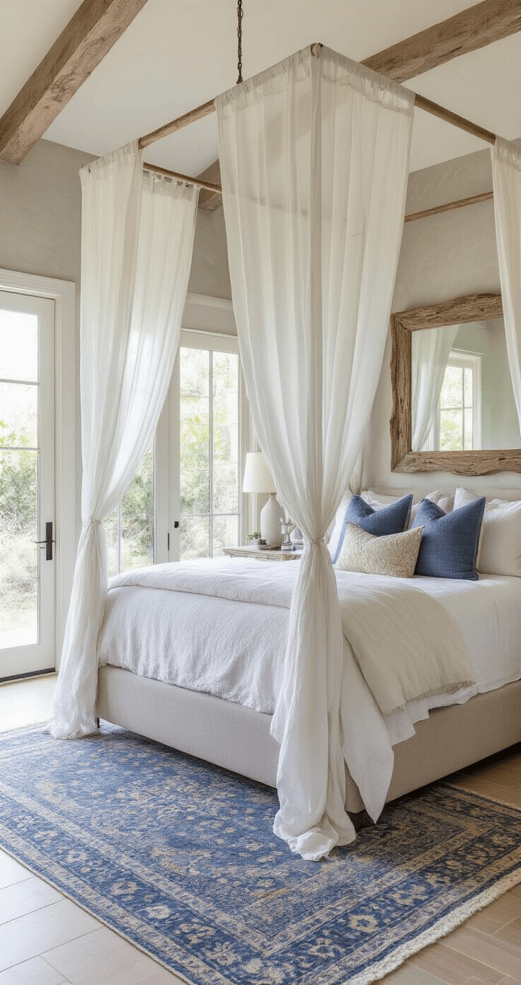 A luxurious master retreat featuring Venetian plaster walls in soft gray, a canopy bed draped in sheer white linens with coastal blue accents, and an oversized driftwood-framed mirror reflecting garden views, all illuminated by late afternoon light. Vintage indigo textiles add depth to the serene atmosphere.