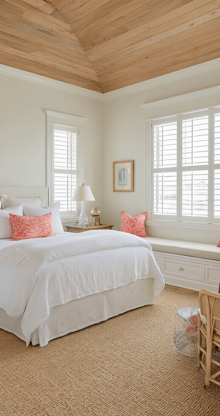 A cozy morning coastal bedroom featuring a queen bed with white linen, built-in window seats filled with coral motif pillows, and a collection of glass floats, all illuminated by soft light filtering through plantation shutters.