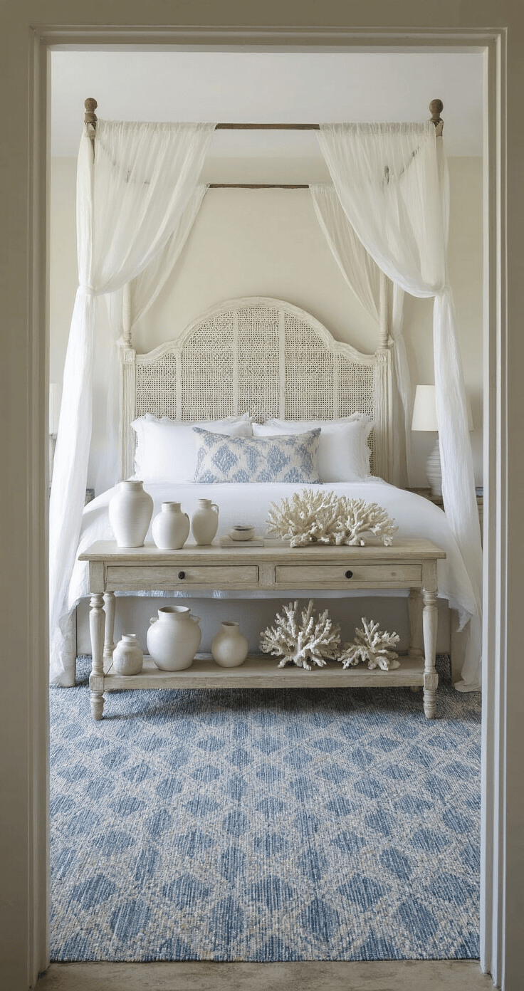 A serene twilight coastal sanctuary featuring wall-to-wall seagrass, a geometric dhurrie in muted blues and grays, a king bed with a whitewashed spindle headboard and gauzy canopy, and a collection of white ceramic vessels and bleached coral on an antique console, viewed from the doorway.